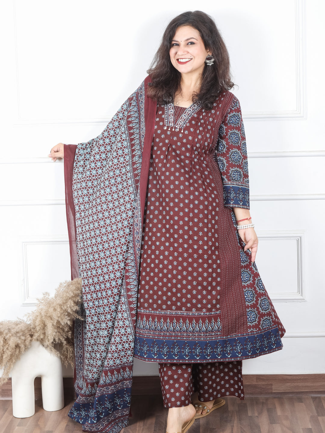 Damini Chocolate Brown V Neck Moti and PIntuck in Panel Style Printed Cotton 3 Piece Set