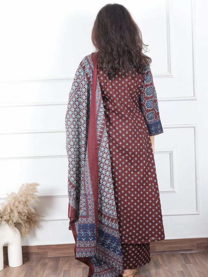 Damini Chocolate Brown V Neck Moti and PIntuck in Panel Style Printed Cotton 3 Piece Set