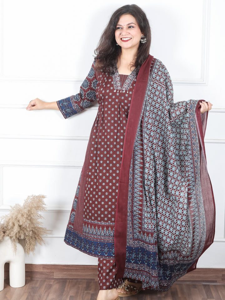 Damini Chocolate Brown V Neck Moti and PIntuck in Panel Style Printed Cotton 3 Piece Set