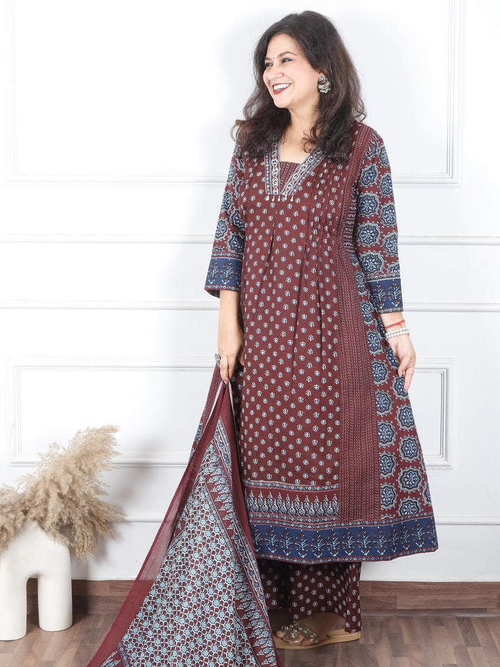 Damini Chocolate Brown V Neck Moti and PIntuck in Panel Style Printed Cotton 3 Piece Set