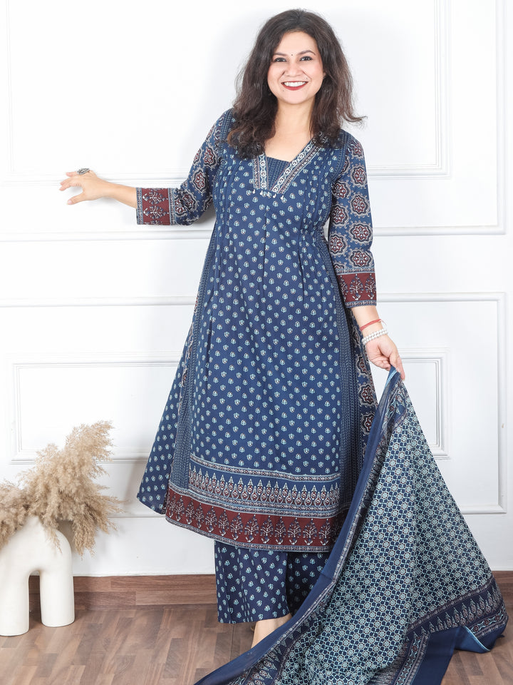 Damini Navy Blue V Neck Moti and PIntuck in Panel Style Printed Cotton 3 Piece Set