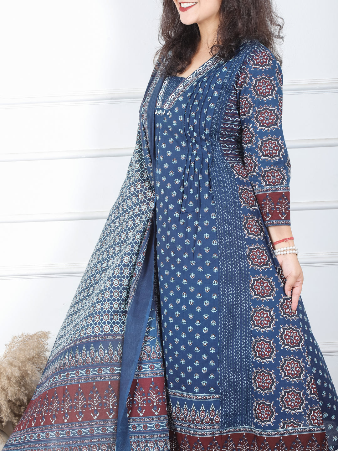 Damini Navy Blue V Neck Moti and PIntuck in Panel Style Printed Cotton 3 Piece Set