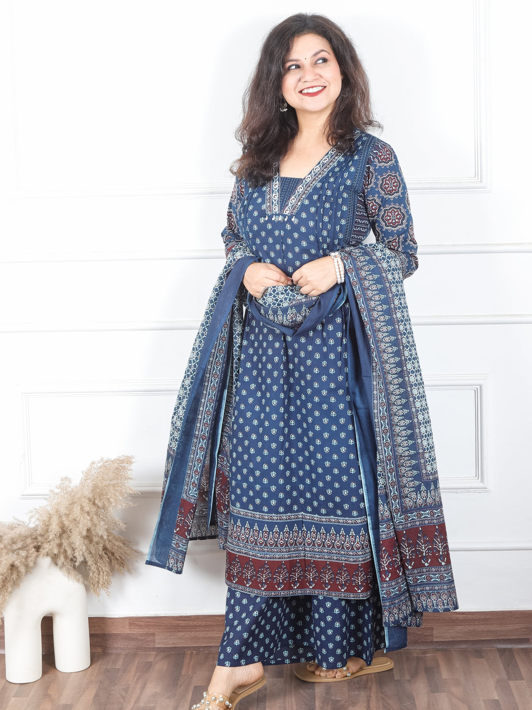Damini Navy Blue V Neck Moti and PIntuck in Panel Style Printed Cotton 3 Piece Set