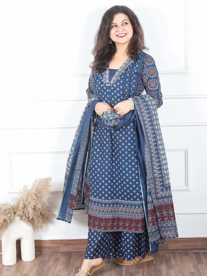 Damini Navy Blue V Neck Moti and PIntuck in Panel Style Printed Cotton 3 Piece Set