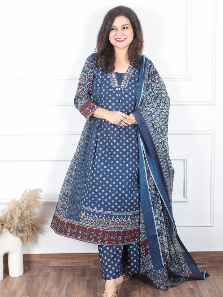 Damini Navy Blue V Neck Moti and PIntuck in Panel Style Printed Cotton 3 Piece Set