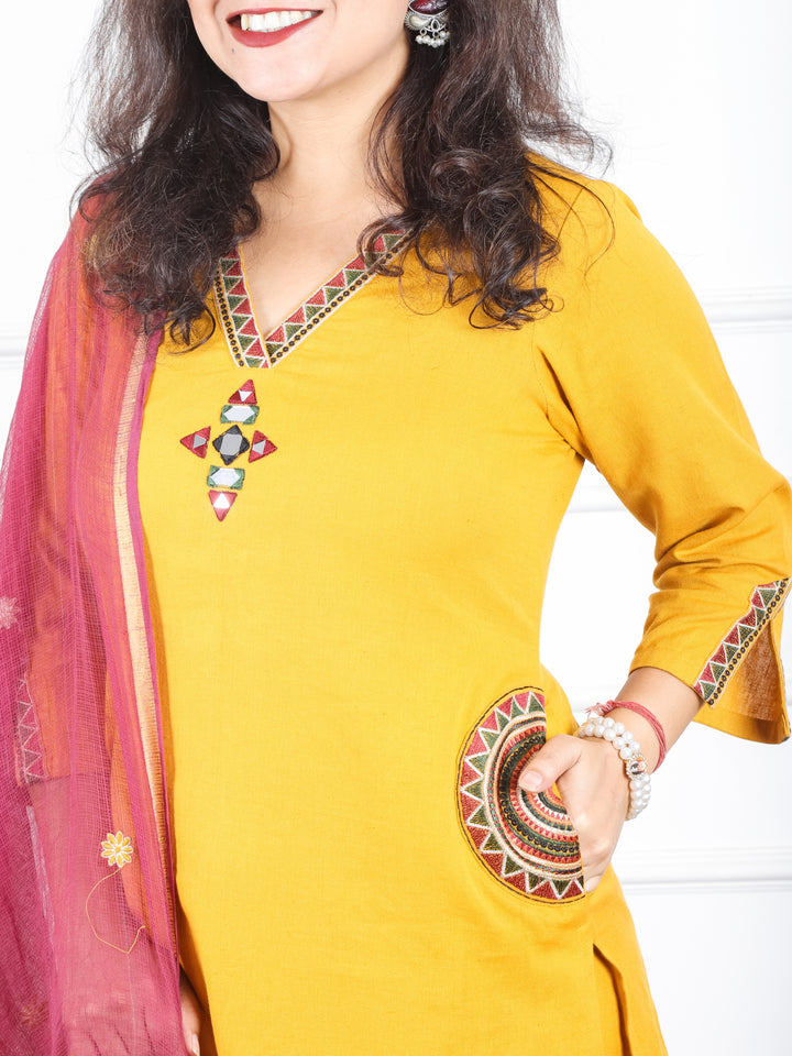 Kaveri Turmeric Yellow V Neck Mirror Work with Embroiered Pocket Cotton 3 Piece Set