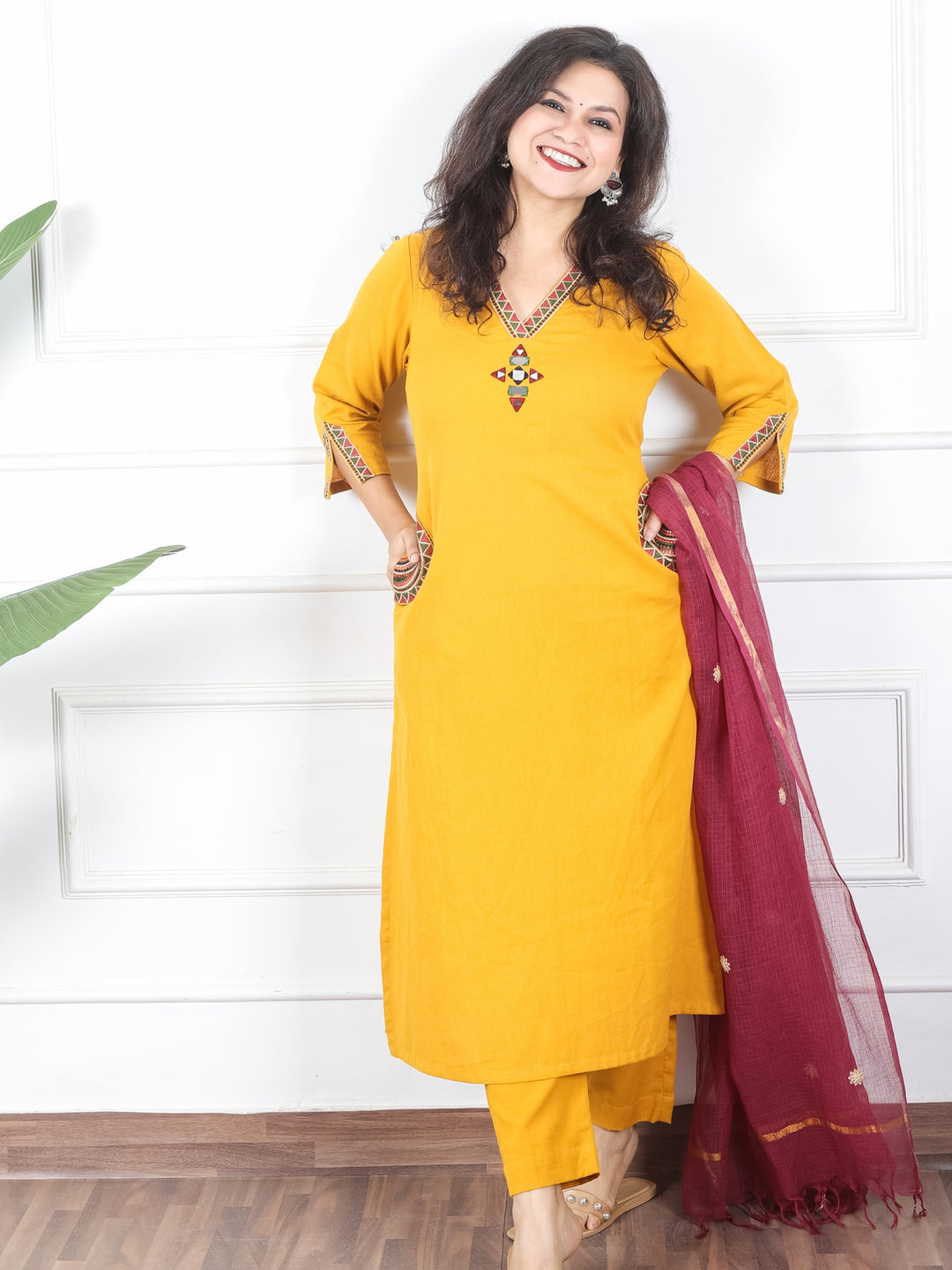 Kaveri Turmeric Yellow V Neck Mirror Work with Embroiered Pocket Cotton 3 Piece Set