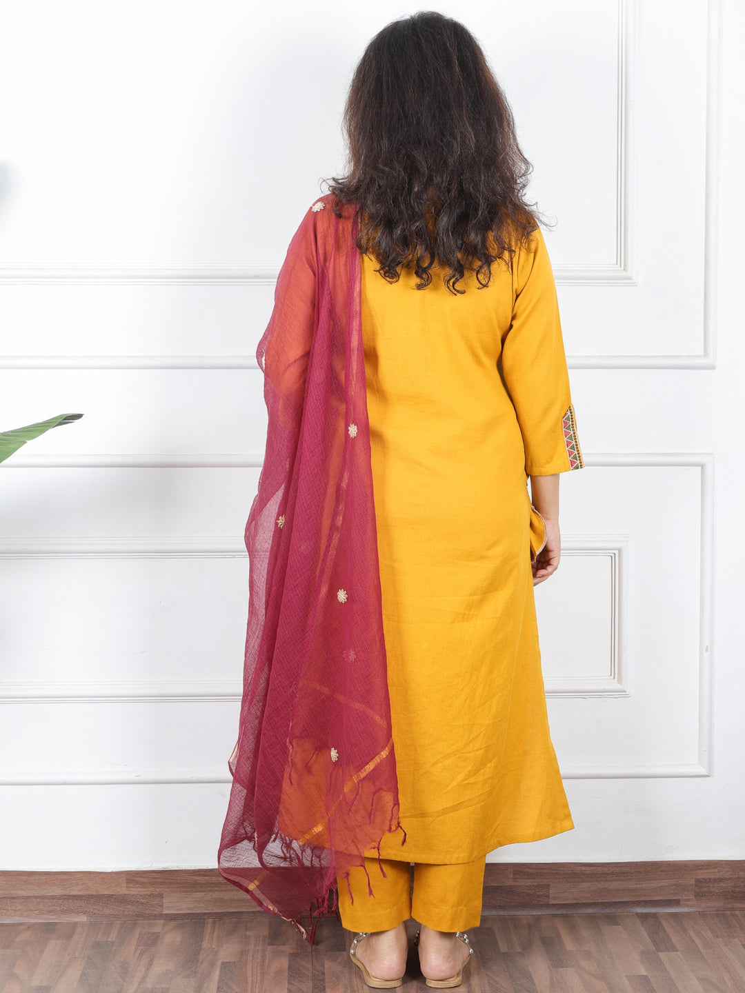 Kaveri Turmeric Yellow V Neck Mirror Work with Embroiered Pocket Cotton 3 Piece Set