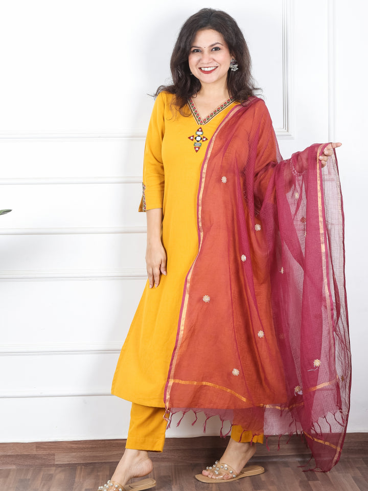 Kaveri Turmeric Yellow V Neck Mirror Work with Embroiered Pocket Cotton 3 Piece Set