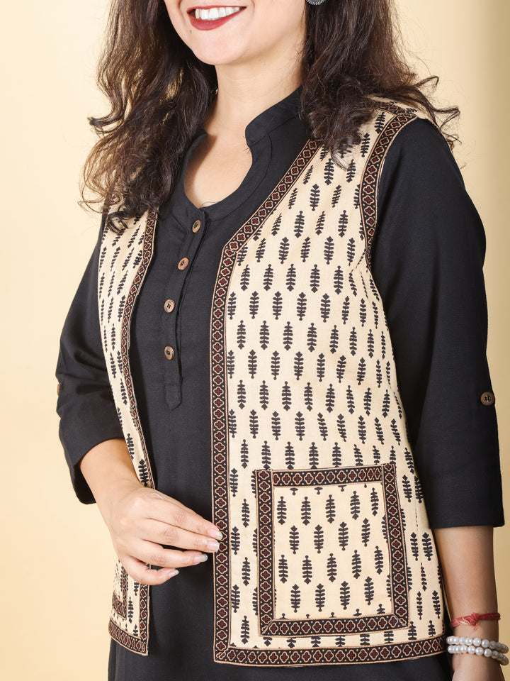 Sejal Beige with Black Printed Cotton Jacket with Pocket