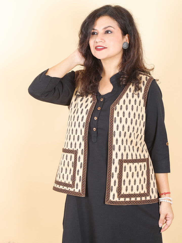 Sejal Beige with Black Printed Cotton Jacket with Pocket