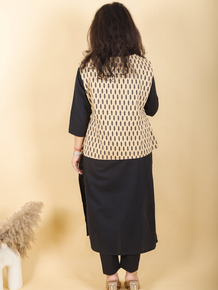 Sejal Beige with Black Printed Cotton Jacket with Pocket