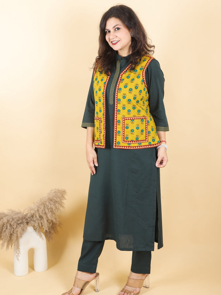 Sejal Dijon Yellow In All Over Ajrak Inspired Printed Cotton Jacket with Pocket