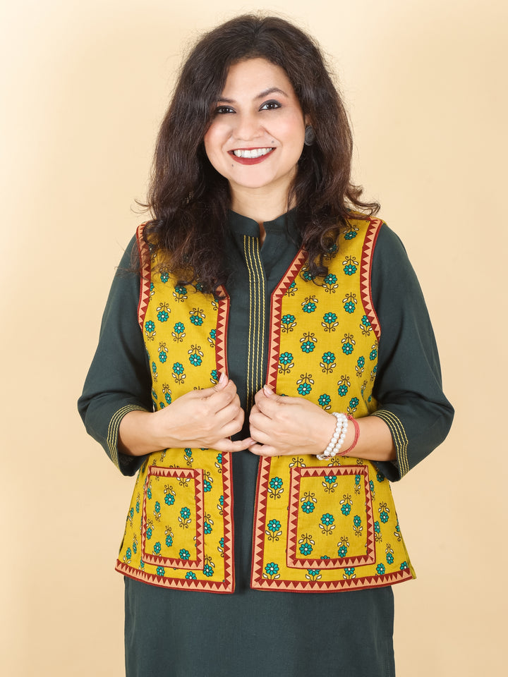 Sejal Dijon Yellow In All Over Ajrak Inspired Printed Cotton Jacket with Pocket