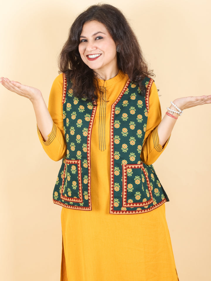 Sajj Bright Yellow Round Neck with Printed Patch Work Cotton 2 Piece Set