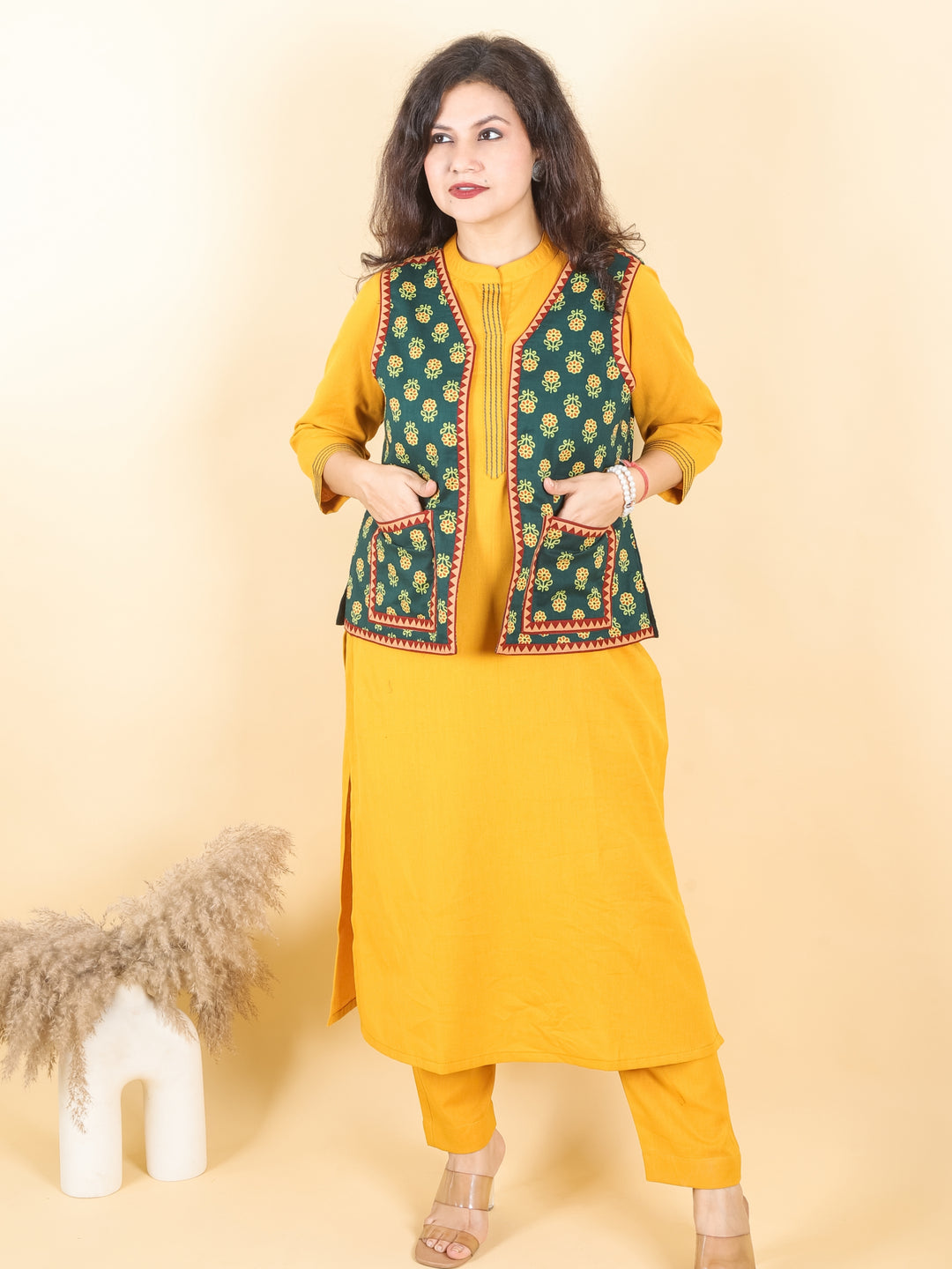 Sejal Sacramento Green In All Over Ajrak Inspired Printed Cotton Jacket with Pocket