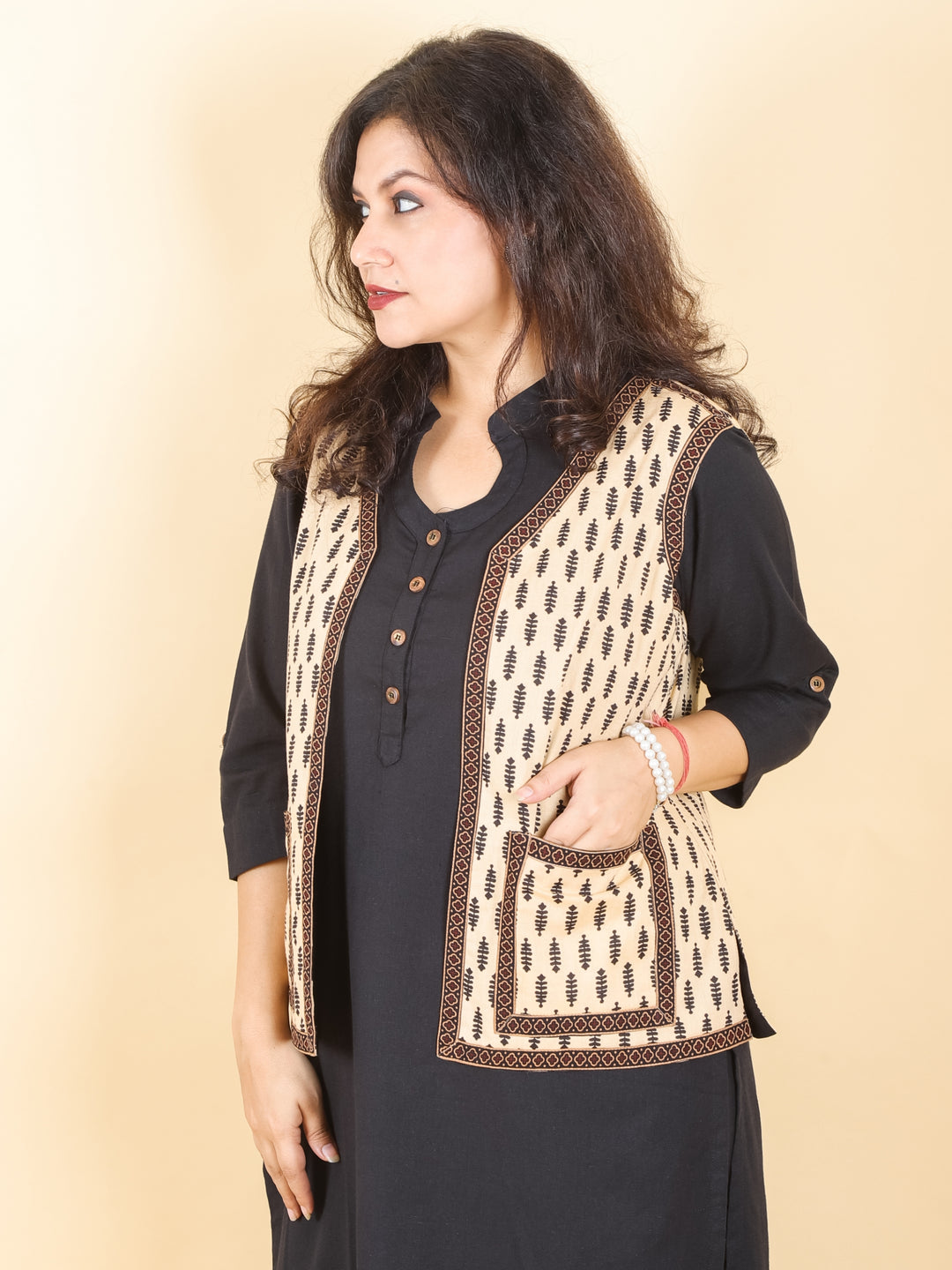 Sejal Beige with Black Printed Cotton Jacket with Pocket