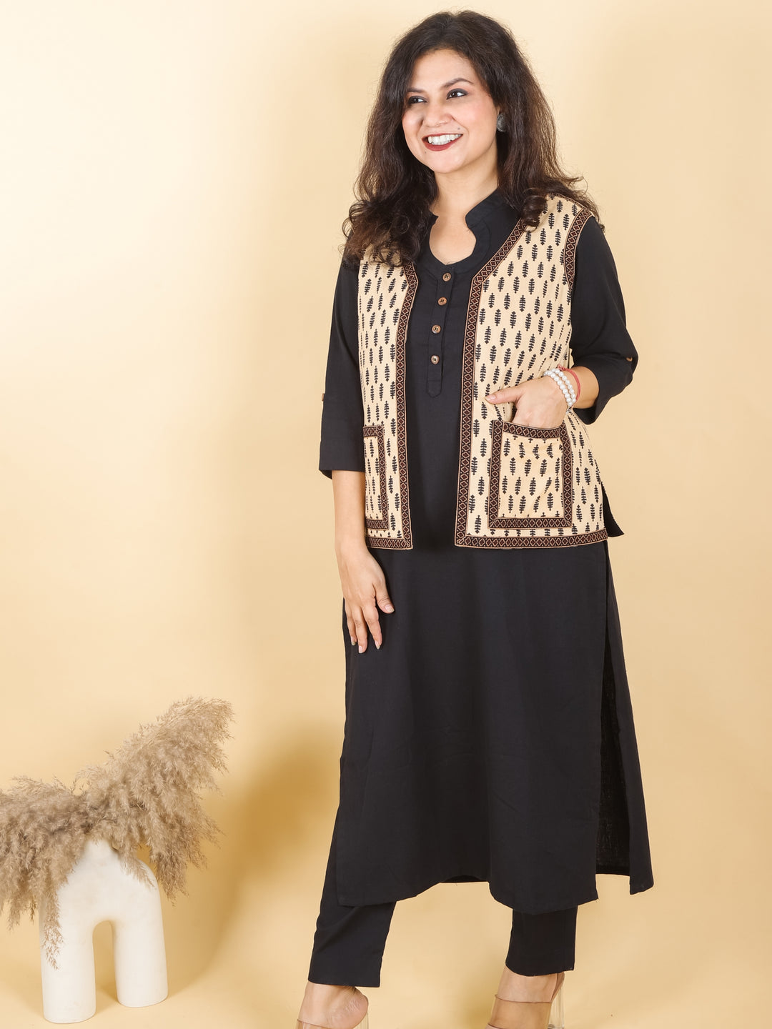 Sejal Beige with Black Printed Cotton Jacket with Pocket