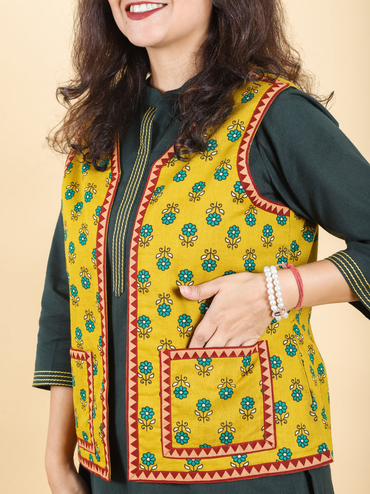 Sejal Dijon Yellow In All Over Ajrak Inspired Printed Cotton Jacket with Pocket