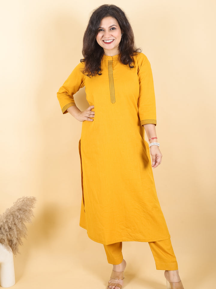 Sajj Bright Yellow Round Neck with Printed Patch Work Cotton 2 Piece Set