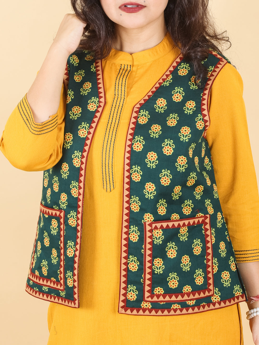 Sejal Sacramento Green In All Over Ajrak Inspired Printed Cotton Jacket with Pocket