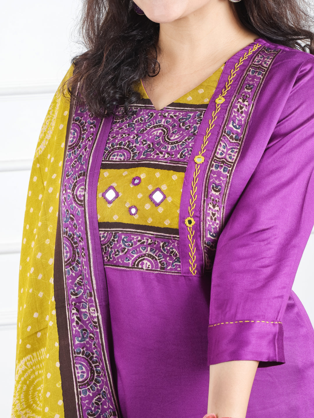 Khusboo Jamuni Purple Printed Patch V Neck with Mirror Work Gajji Silk 3 Piece Set