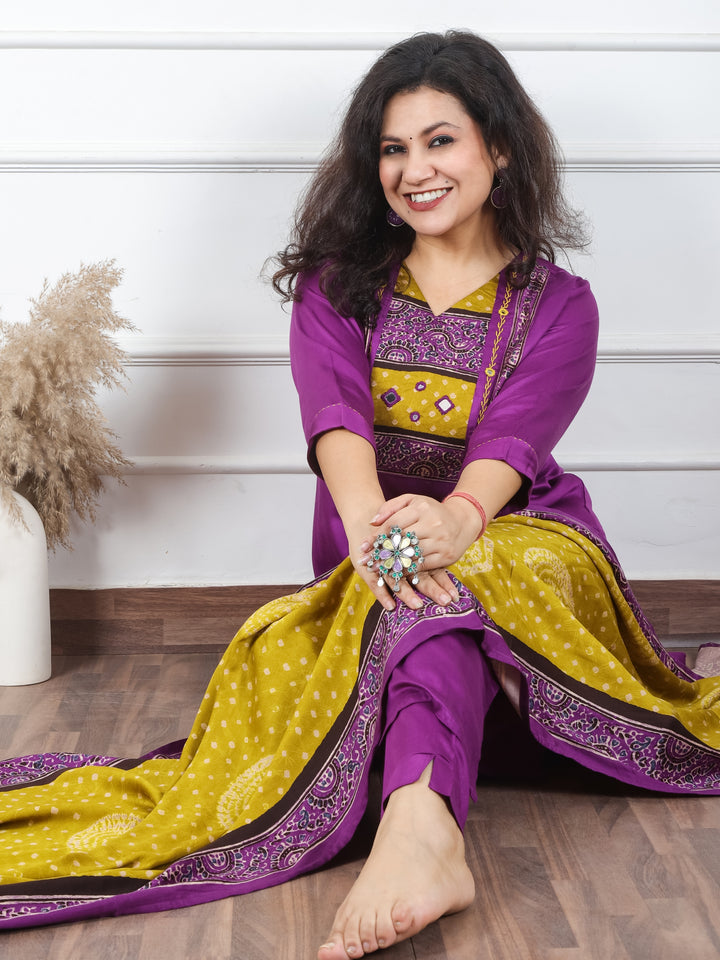 Khusboo Jamuni Purple Printed Patch V Neck with Mirror Work Gajji Silk 3 Piece Set