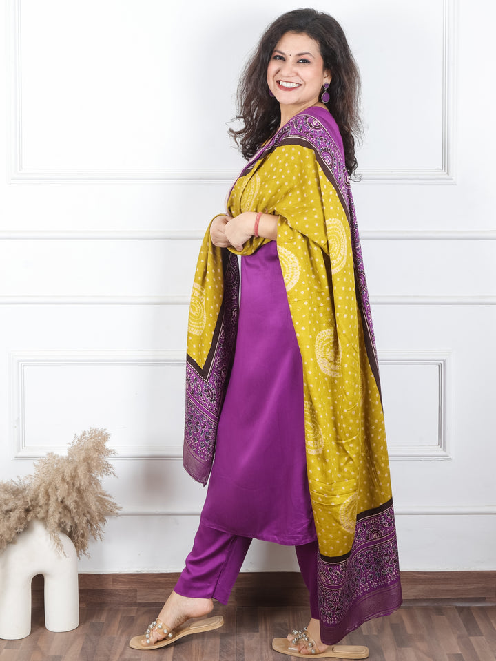 Khusboo Jamuni Purple Printed Patch V Neck with Mirror Work Gajji Silk 3 Piece Set