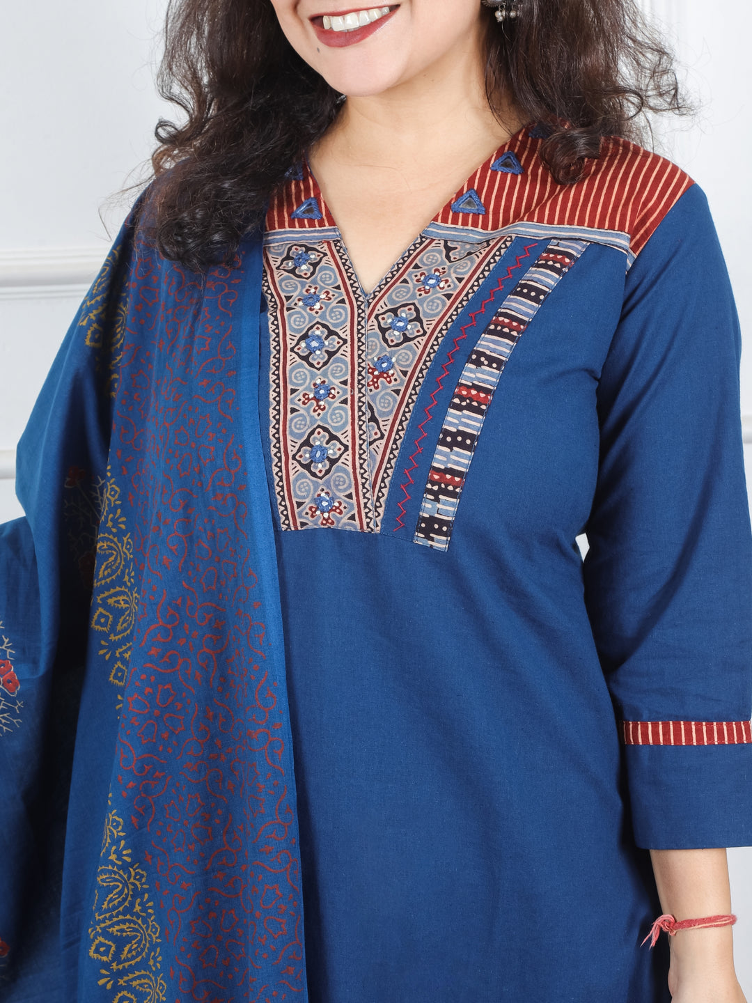 Khusboo Cerulean Blue Printed Patch V Neck with Mirror Work Cotton 3 Piece Set