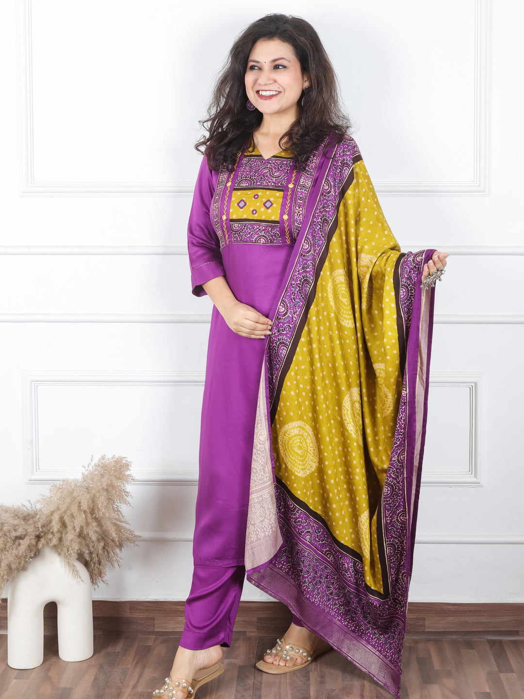 Khusboo Jamuni Purple Printed Patch V Neck with Mirror Work Gajji Silk 3 Piece Set