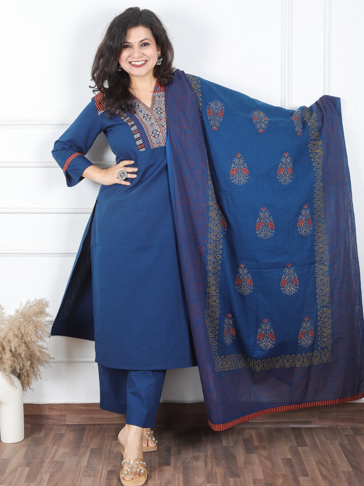 Khusboo Cerulean Blue Printed Patch V Neck with Mirror Work Cotton 3 Piece Set