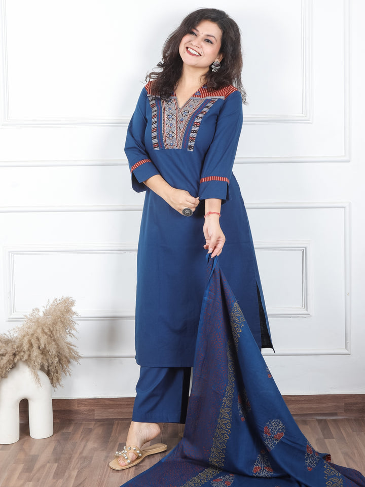 Khusboo Cerulean Blue Printed Patch V Neck with Mirror Work Cotton 3 Piece Set