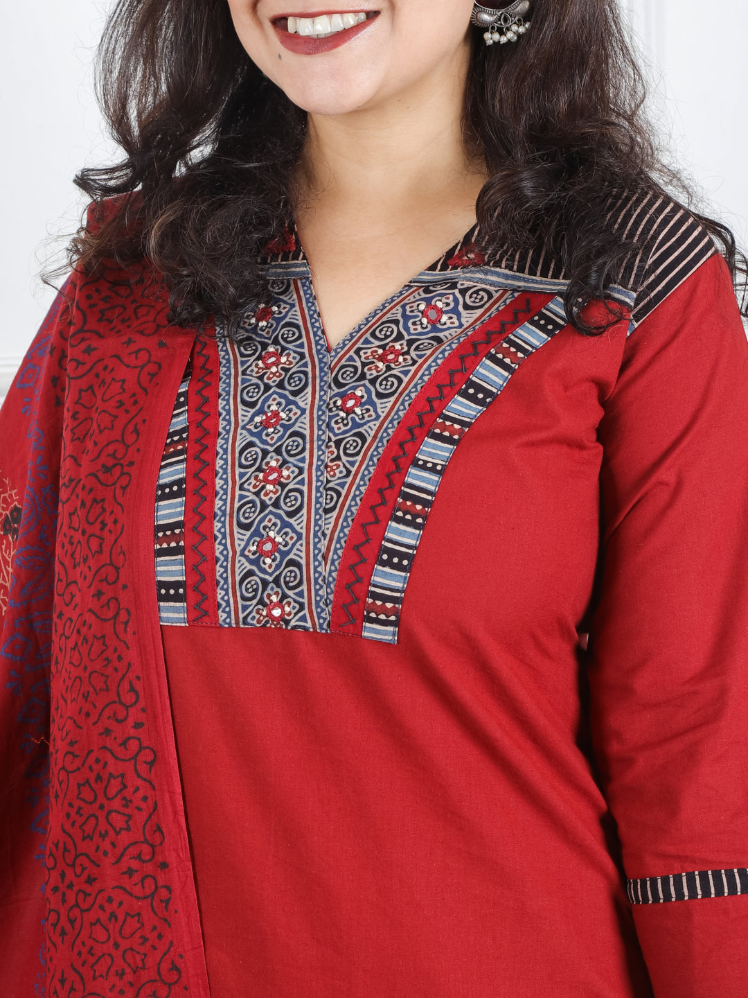 Khusboo Maroo Red Printed Patch V Neck with Mirror Work Cotton 3 Piece Set