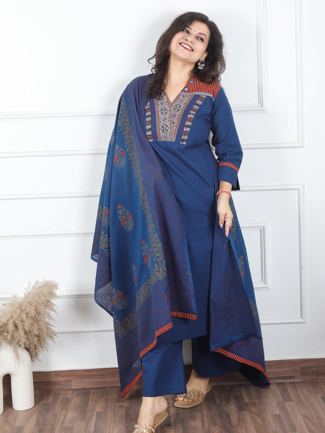 Khusboo Cerulean Blue Printed Patch V Neck with Mirror Work Cotton 3 Piece Set