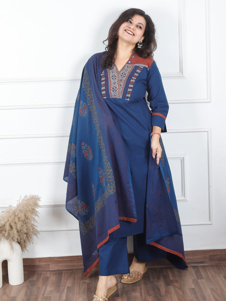 Khusboo Cerulean Blue Printed Patch V Neck with Mirror Work Cotton 3 Piece Set