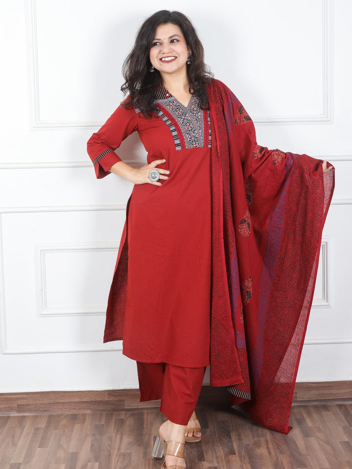 Khusboo Maroo Red Printed Patch V Neck with Mirror Work Cotton 3 Piece Set