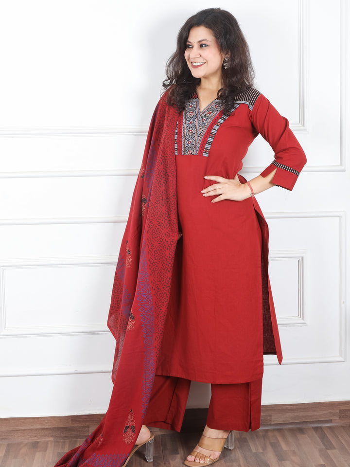 Khusboo Maroo Red Printed Patch V Neck with Mirror Work Cotton 3 Piece Set