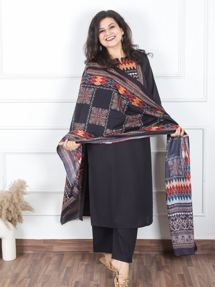 Khusboo Faded Black Printed Patch with Mirror Work in Cotton 3 Piece Set