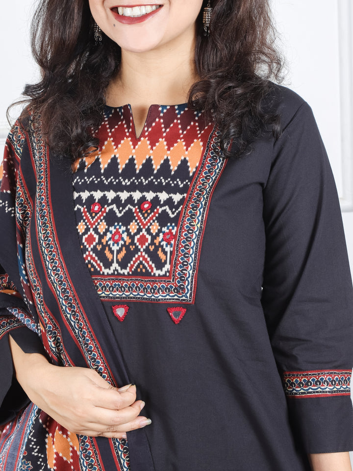 Khusboo Faded Black Printed Patch with Mirror Work in Cotton 3 Piece Set