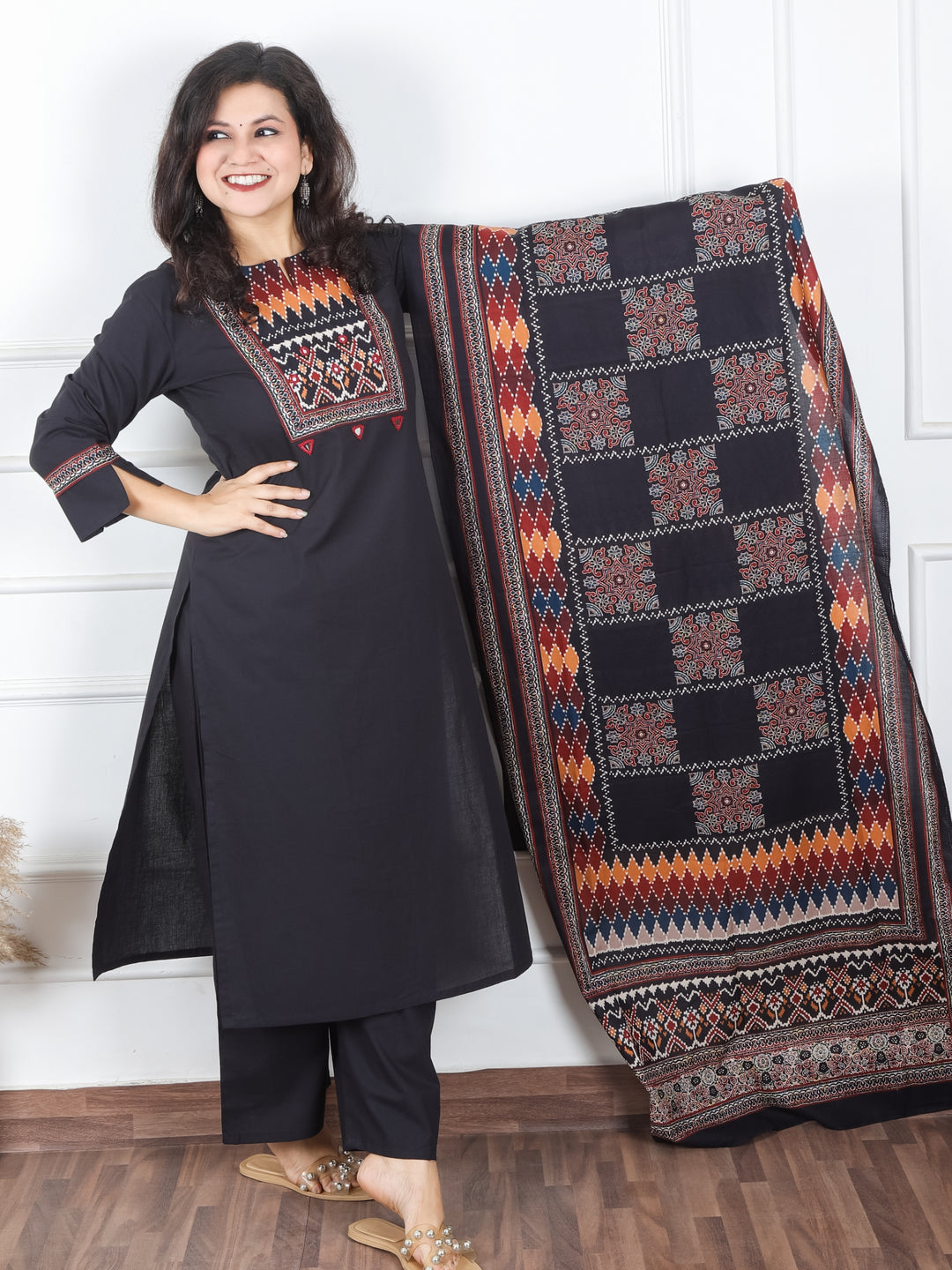 Khusboo Faded Black Printed Patch with Mirror Work in Cotton 3 Piece Set