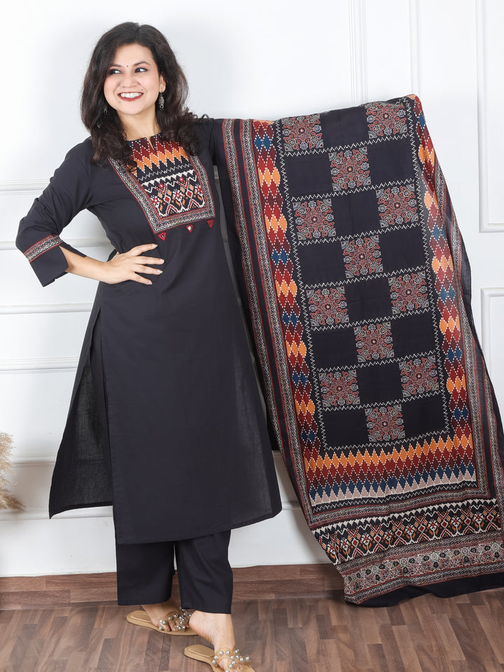 Khusboo Faded Black Printed Patch with Mirror Work in Cotton 3 Piece Set