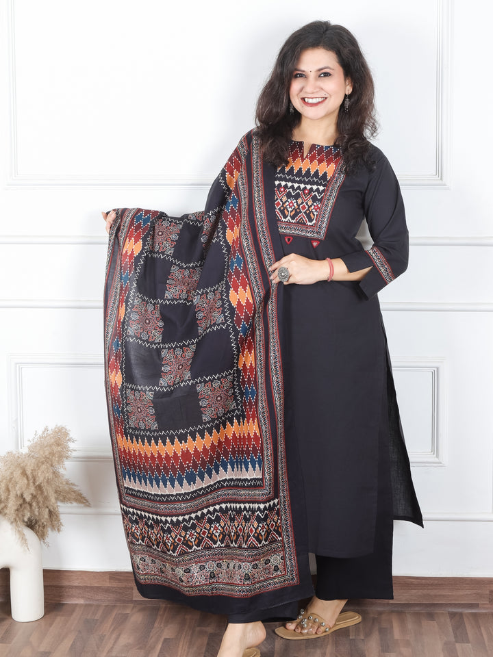 Khusboo Faded Black Printed Patch with Mirror Work in Cotton 3 Piece Set
