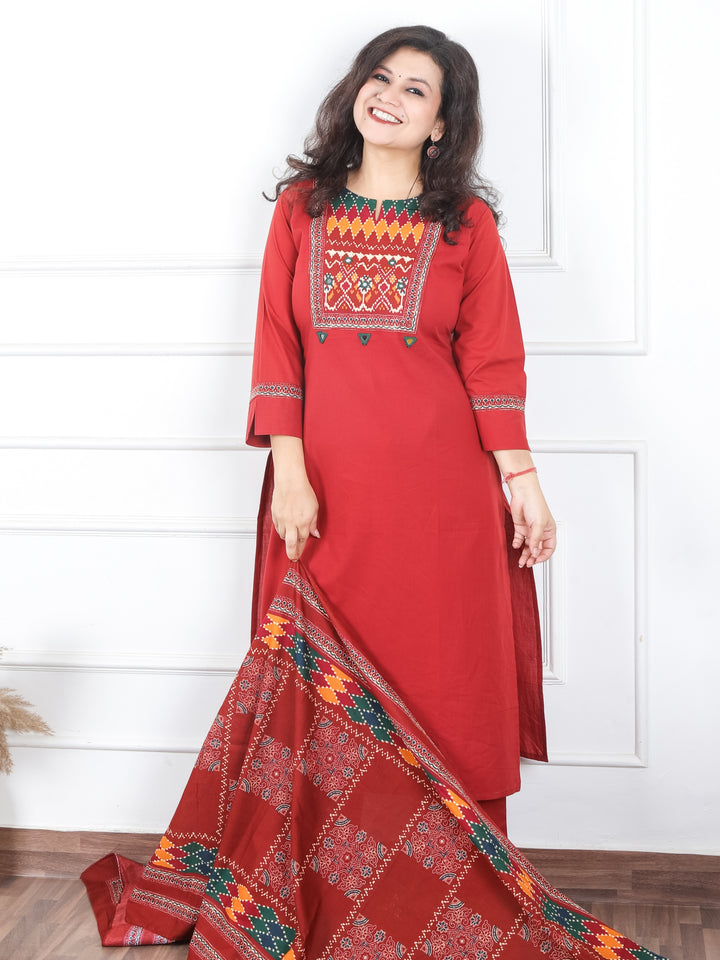 Khusboo Apple Red Printed Patch with Mirror Work in Cotton 3 Piece Set