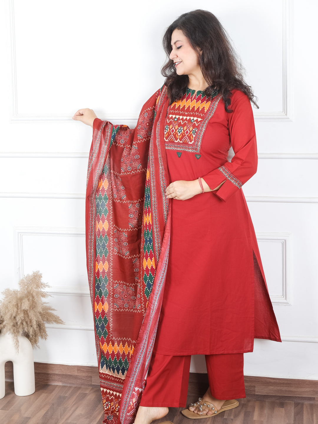 Khusboo Apple Red Printed Patch with Mirror Work in Cotton 3 Piece Set