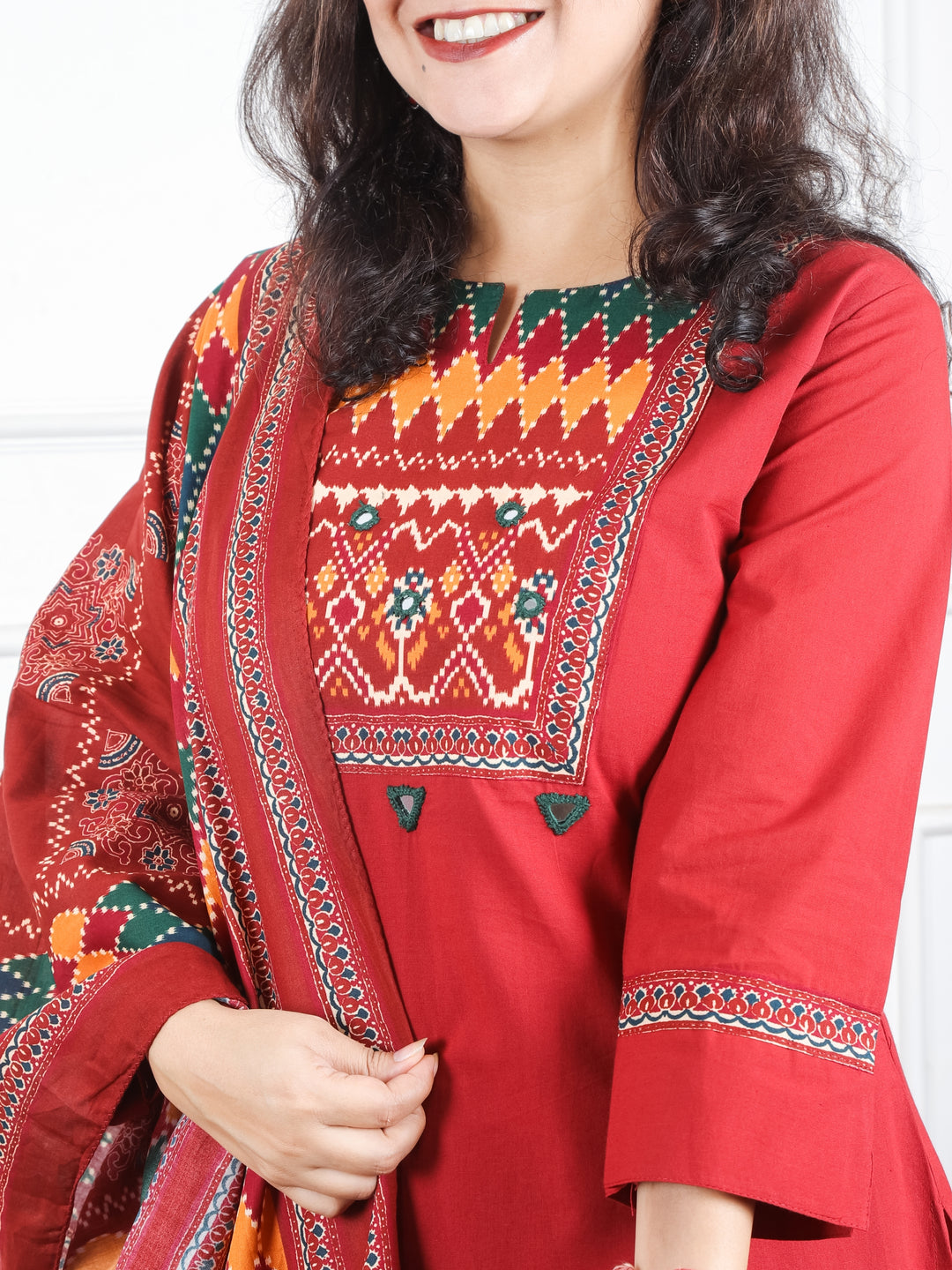 Khusboo Apple Red Printed Patch with Mirror Work in Cotton 3 Piece Set