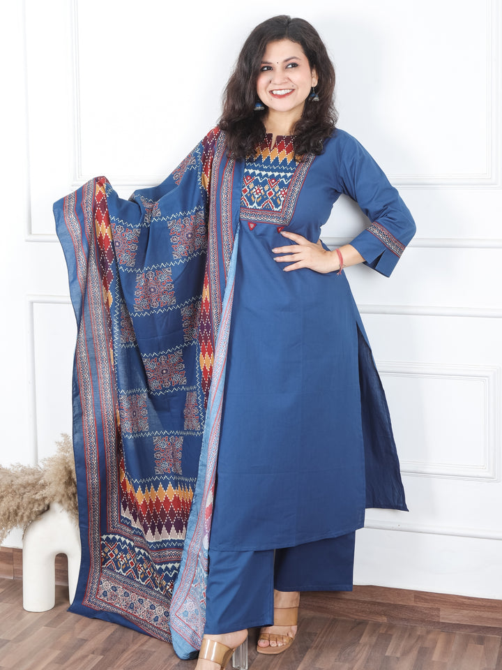 Khusboo Denim Blue Printed Patch with Mirror Work in Cotton 3 Piece Set