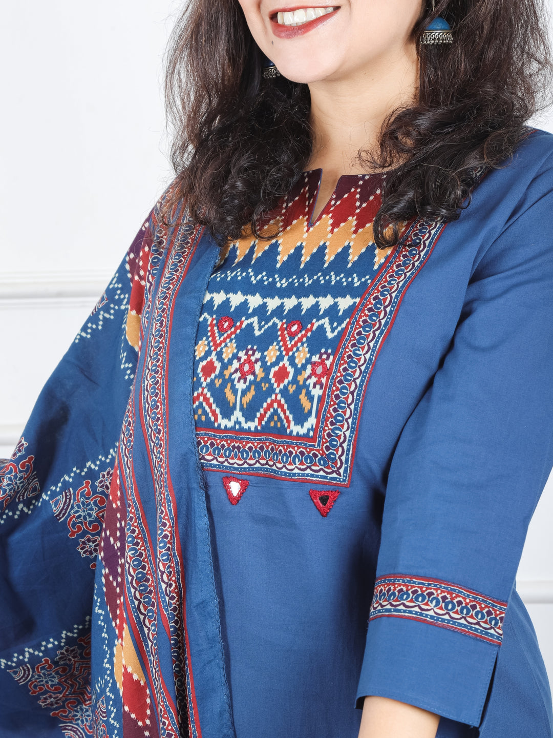 Khusboo Denim Blue Printed Patch with Mirror Work in Cotton 3 Piece Set