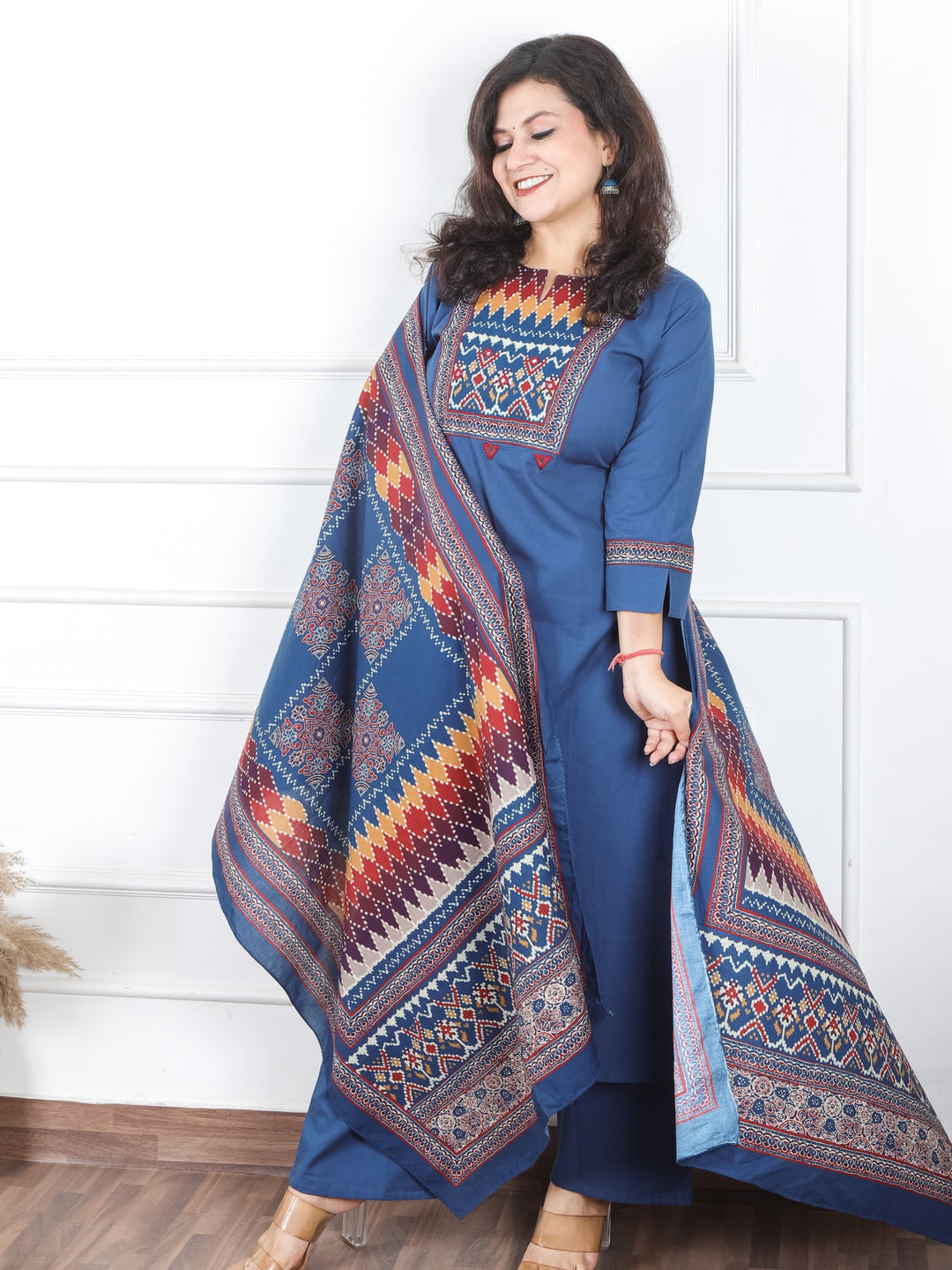Khusboo Denim Blue Printed Patch with Mirror Work in Cotton 3 Piece Set