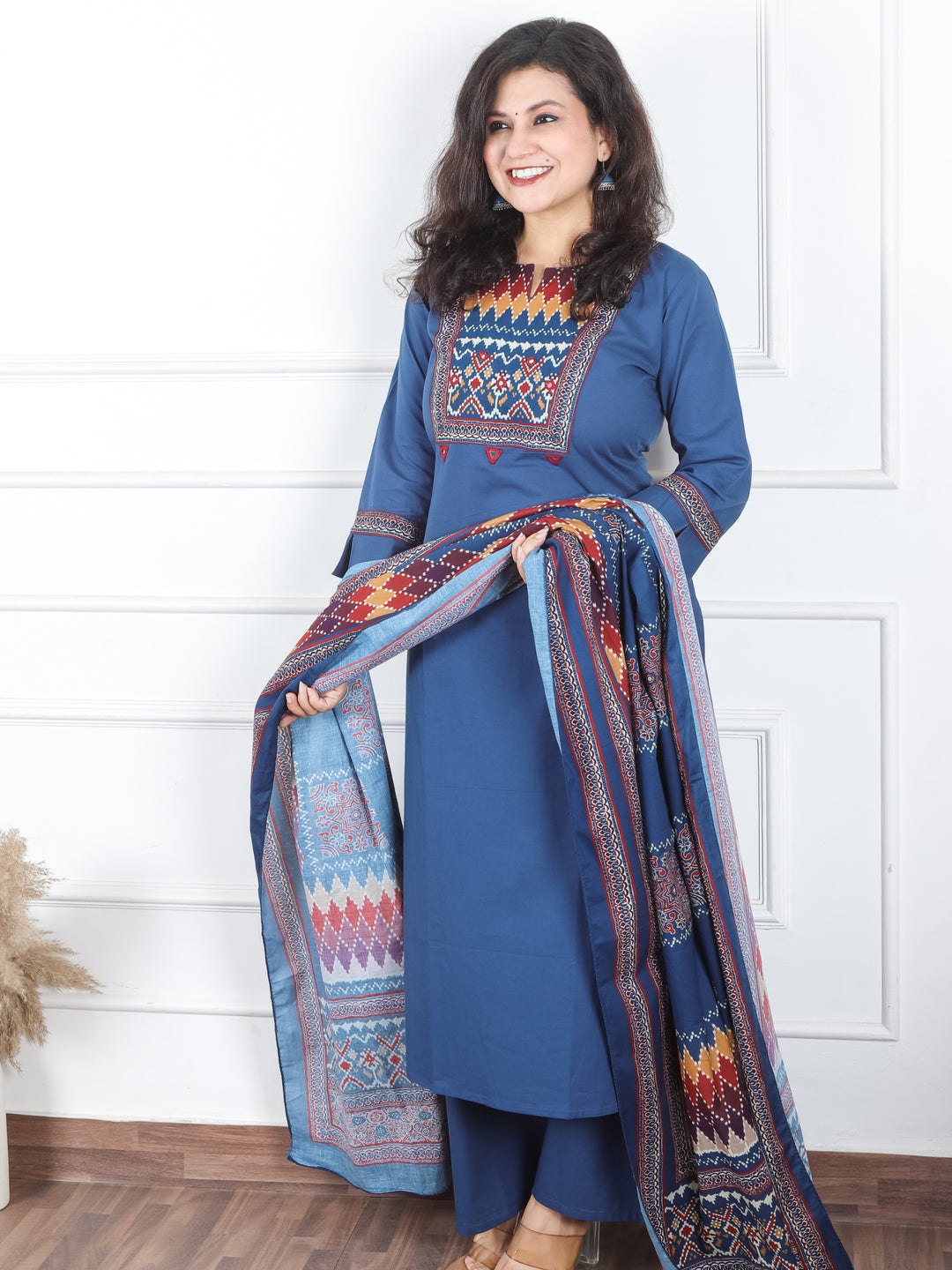 Khusboo Denim Blue Printed Patch with Mirror Work in Cotton 3 Piece Set