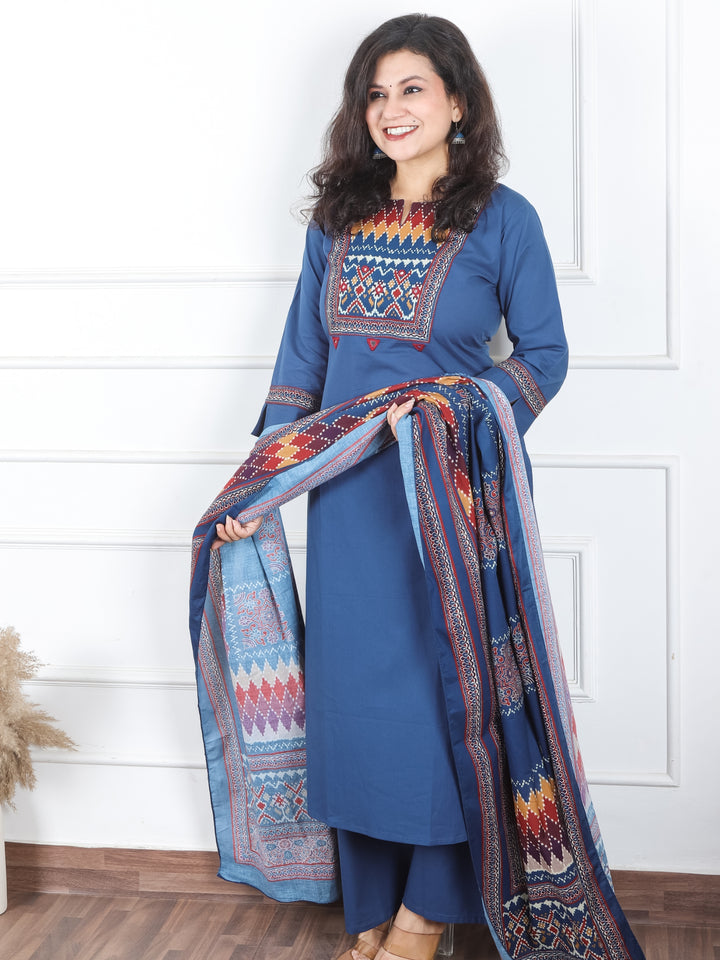 Khusboo Denim Blue Printed Patch with Mirror Work in Cotton 3 Piece Set